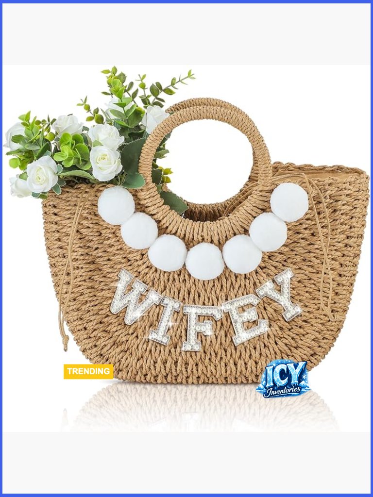 Handwoven Straw Beach Bag With Pom Poms And Pearl Letters